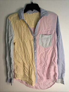 beachlunchlounge Pastel Patchwork Button-Down Shirt in Yellow, Pink & Blue
